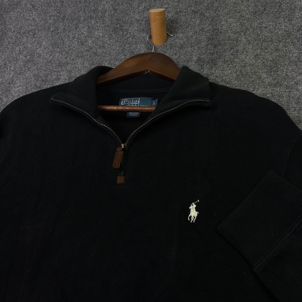 Polo Ralph Lauren Quarter Zip Mens L Black Cotton Waffle Knit Pullover Sweater